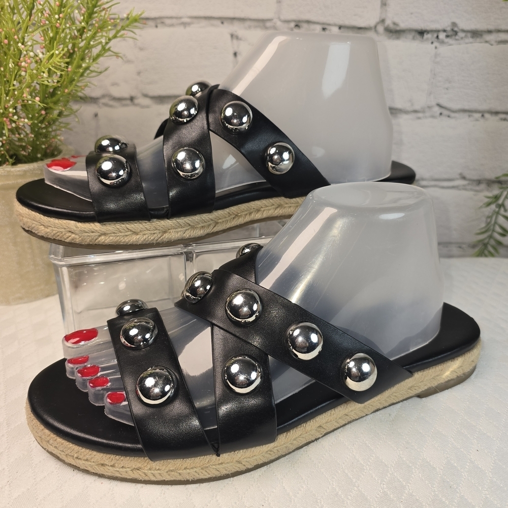 MARC FISHER PRISCA BLACK BOLD SILVER STUD SLIDE CRISS CROSS ESPADRILLE SANDAL 9